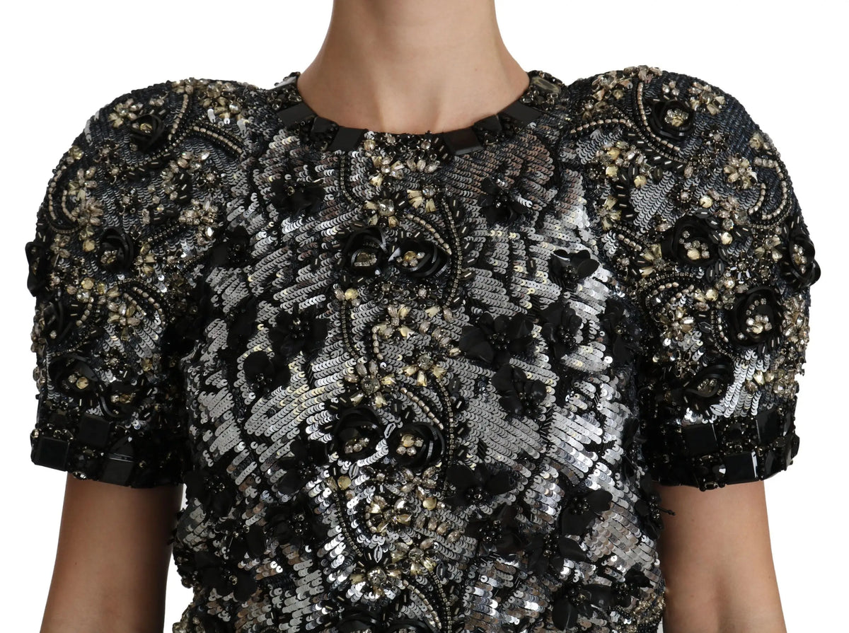 Dolce & gabbana blouse noire en sequins argentés avec embellissements floraux en cristaux