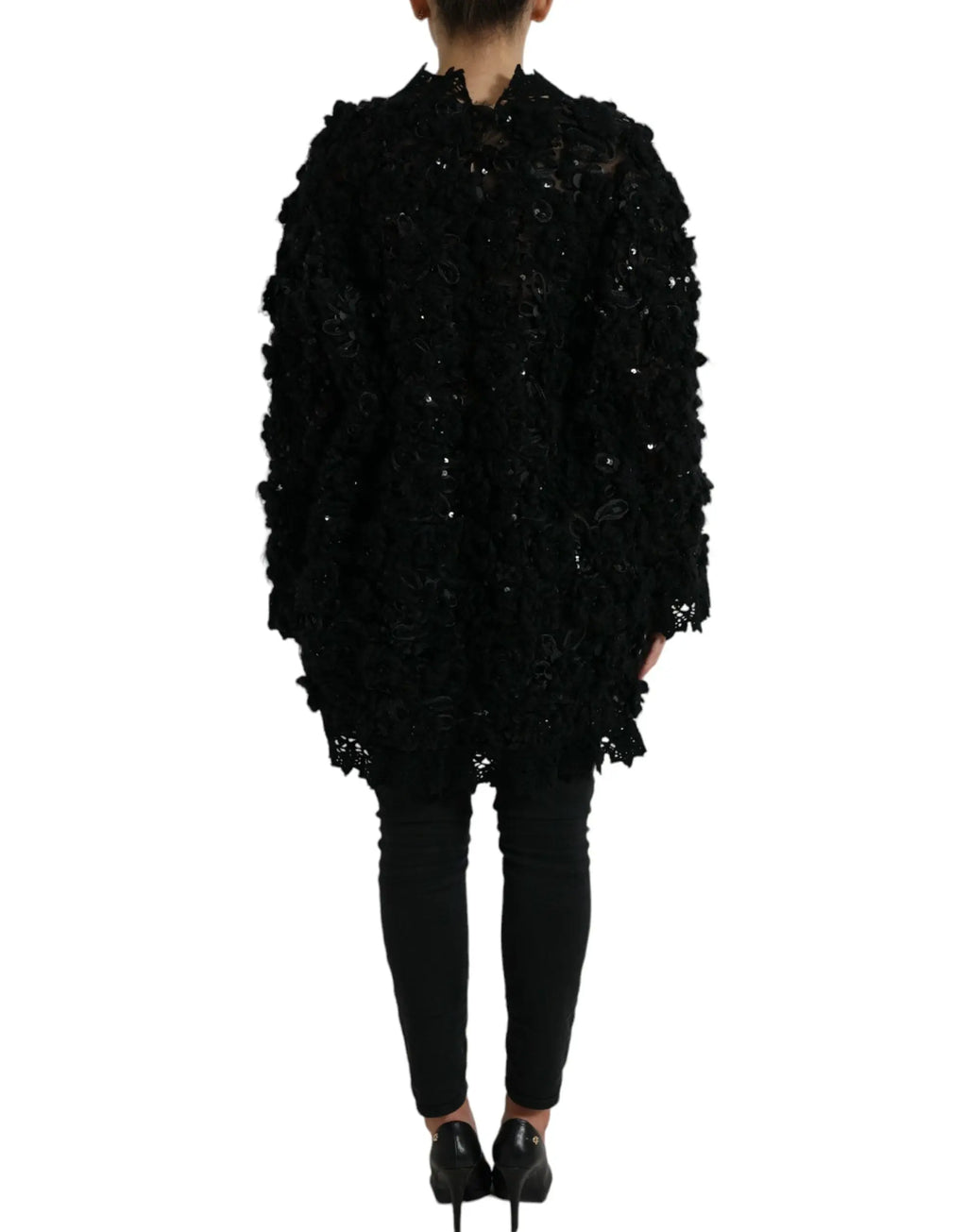 Pullover noir dolce et gabbana en sequins avec appliqués floraux tridimensionnels texturés