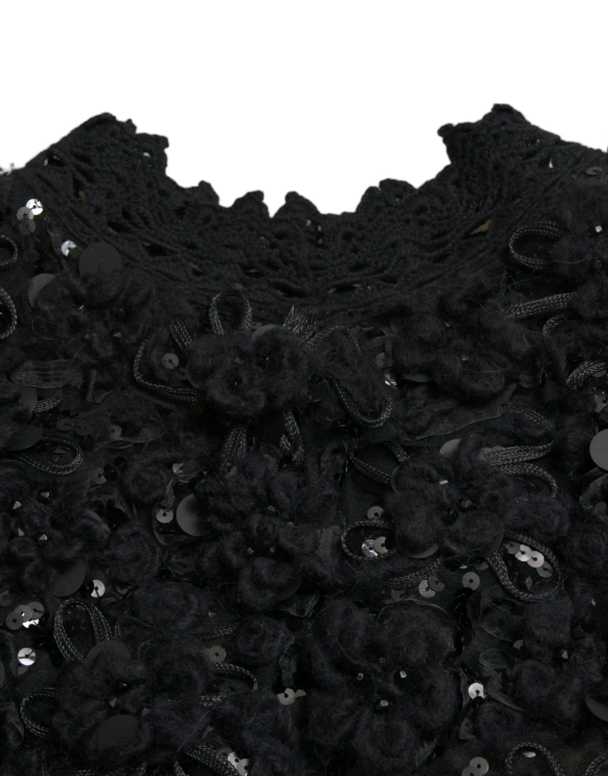 Pull-over noir dolce gabbana en maille avec dentelle noire sequins et appliques florales trois dimensions