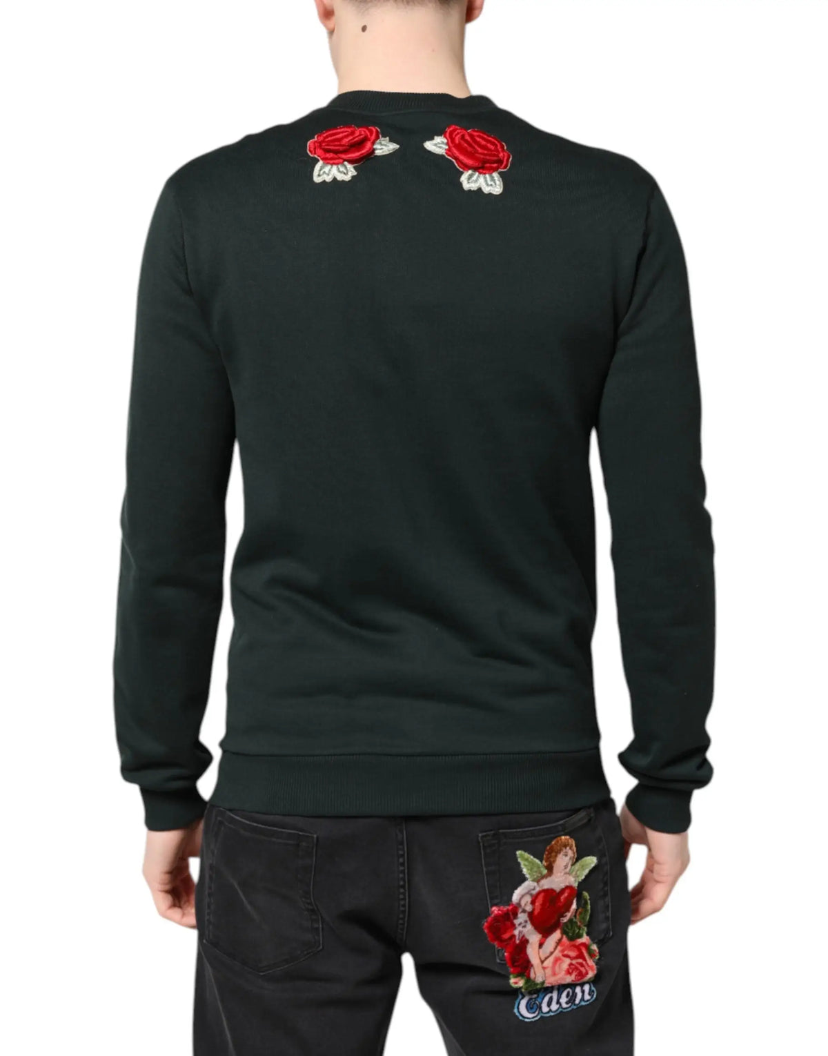 Dolce & gabbana sweat noir à sequins avec roses rouges brodées au dos et motif angélique sur la poche gauche