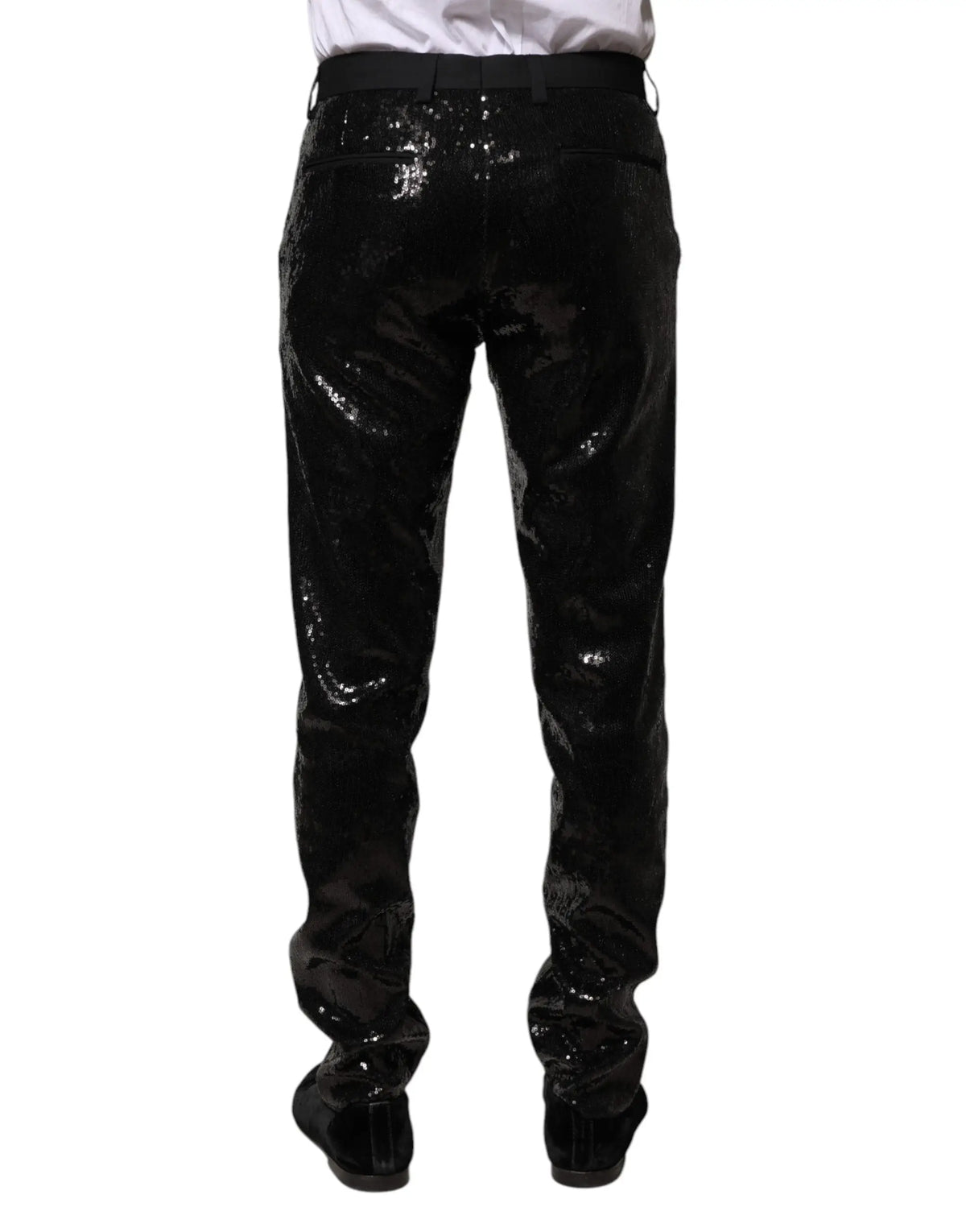 Pantalon slim noir dolce & gabbana orné de sequins brillants et surface réfléchissante