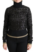 Dolce & Gabbana pull court noir à col roulé en maille avec sequins noirs et bordures dorées aux poignets et taille