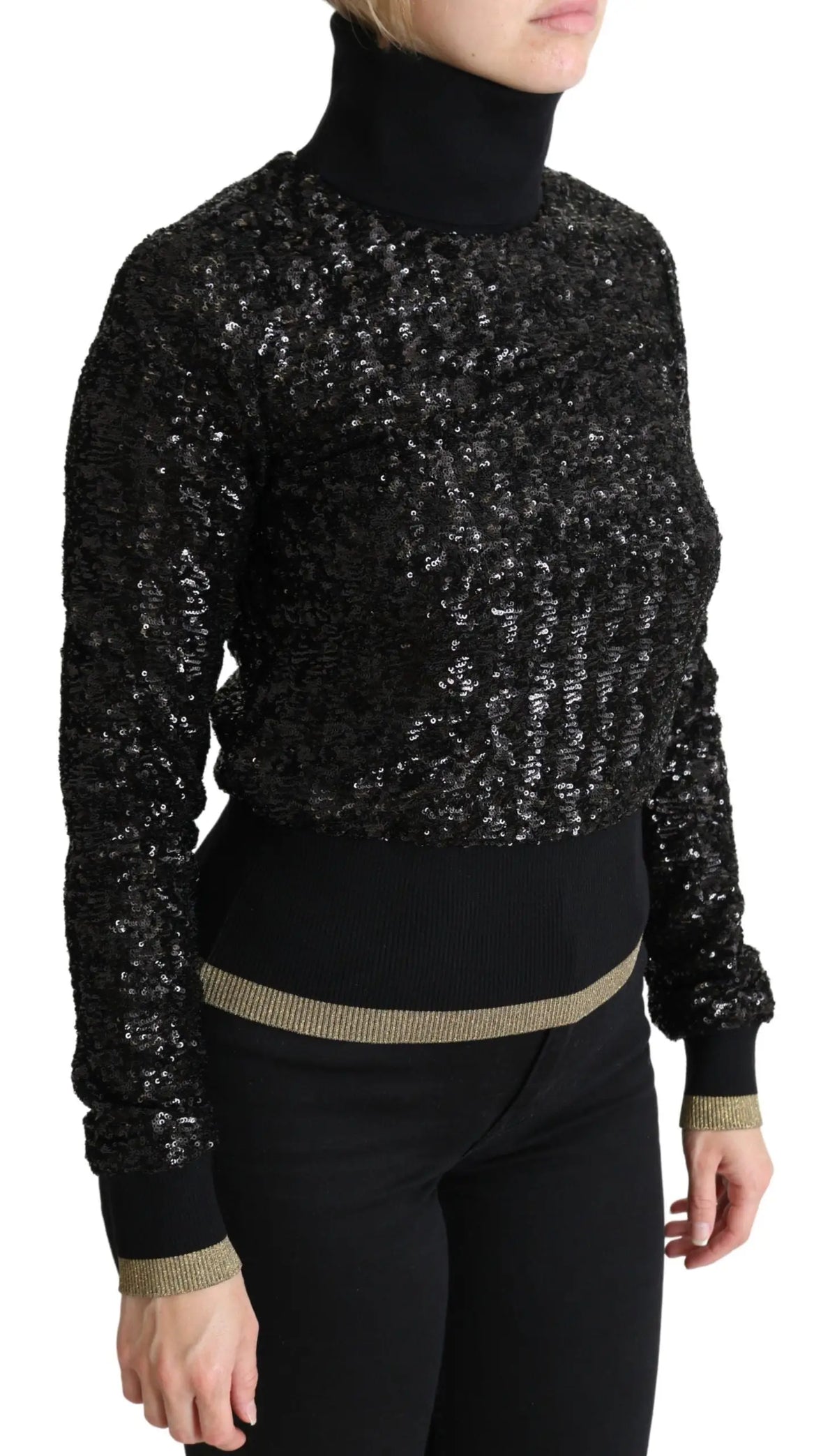 Dolce & gabbana pull col roulé noir en maille avec sequins et bordures dorées aux poignets et à la taille