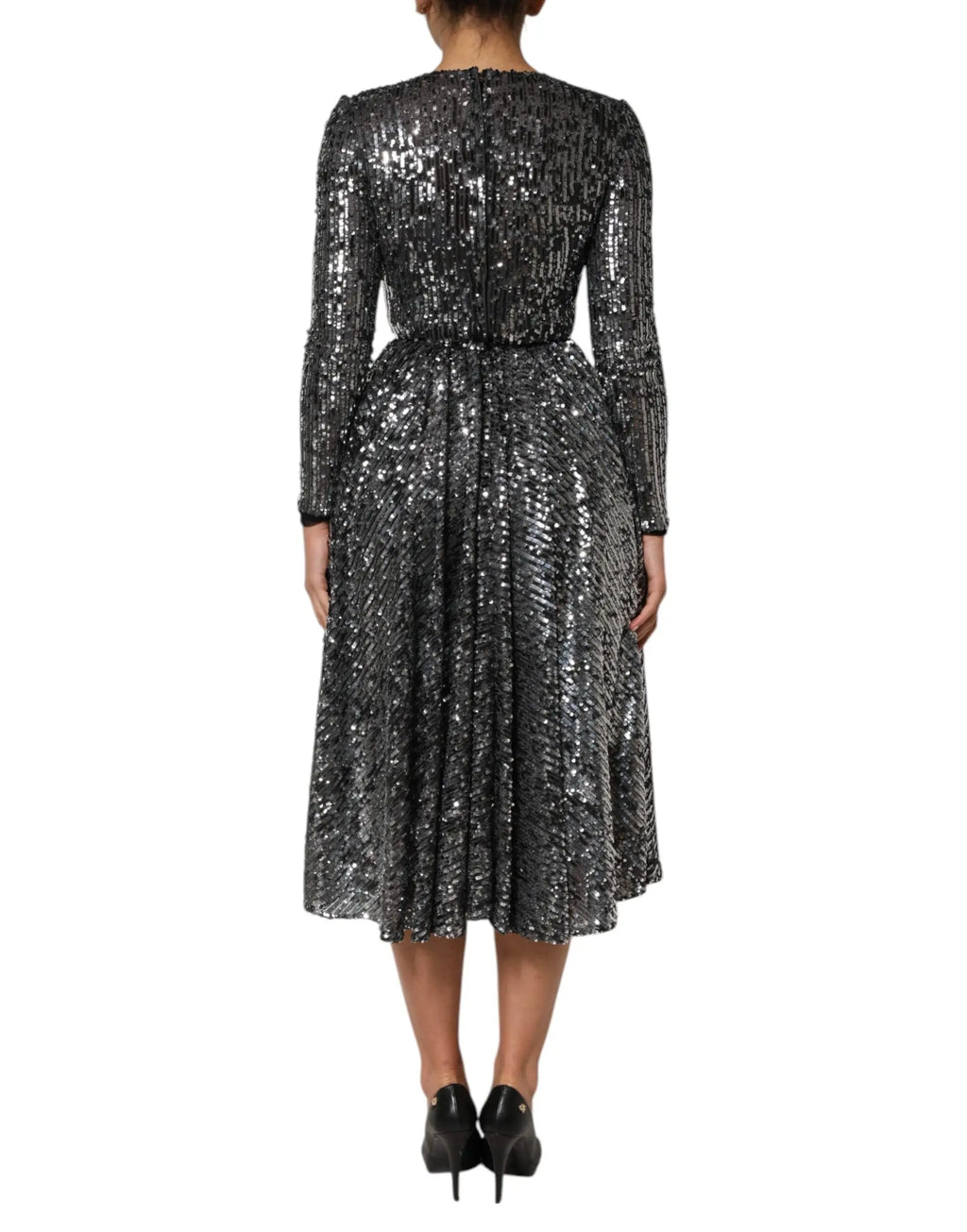 Robe midi noire à sequins de dolce & gabbana avec manches longues et taille ajustée en tissu scintillant argenté