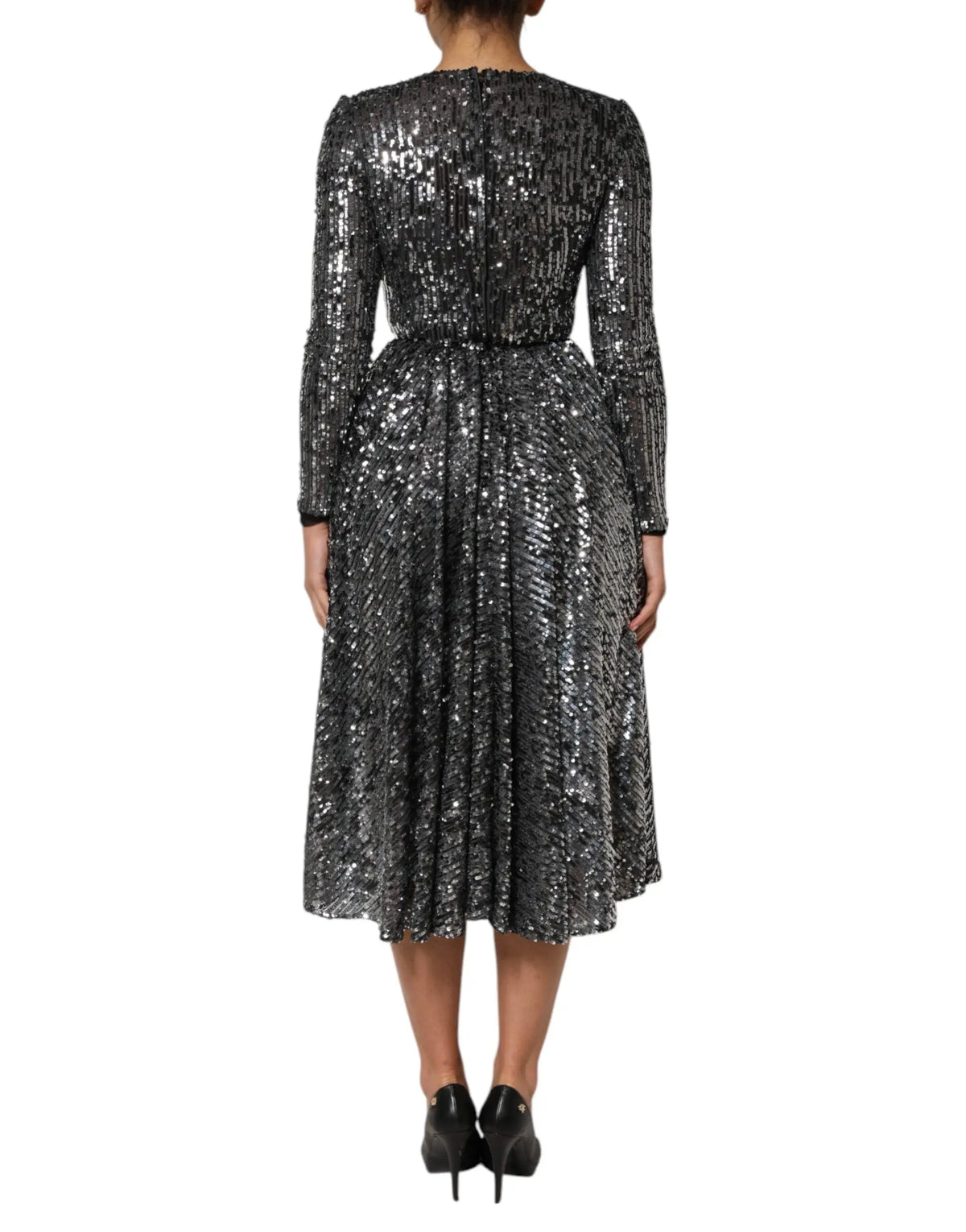 Robe midi noire à sequins de dolce & gabbana avec manches longues et taille ajustée en tissu scintillant argenté