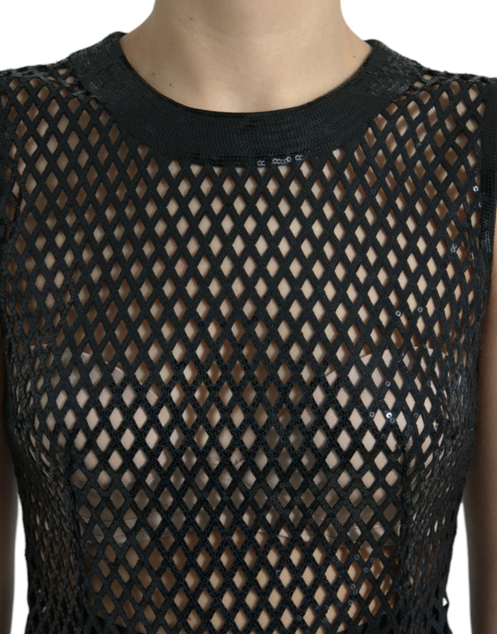 Top noir en mesh dolce & gabbana avec encolure ornée de sequins et découpes en forme de losange
