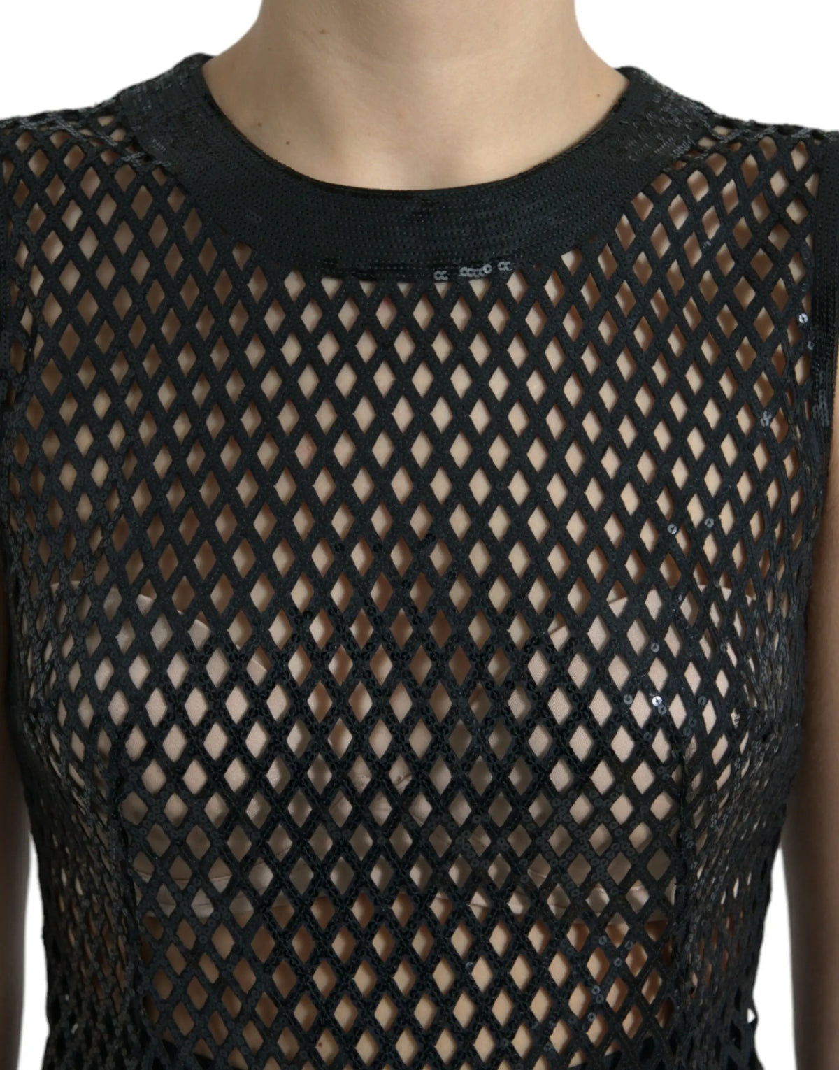 Top noir en mesh dolce & gabbana avec encolure ornée de sequins et découpes en forme de losange