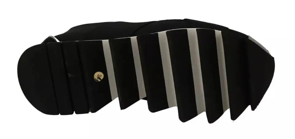 Vue arrière de la semelle en caoutchouc noir avec bandes argentées et logo doré des chaussures dolce & gabbana black shark en néoprène extensible