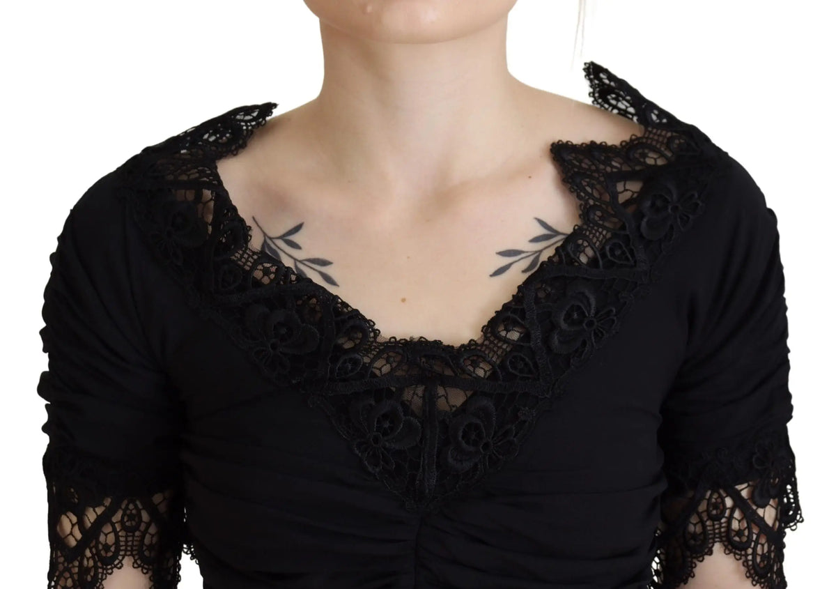 Dolce & gabbana robe midi noire en soie avec corsage en dentelle florale et manches froncées