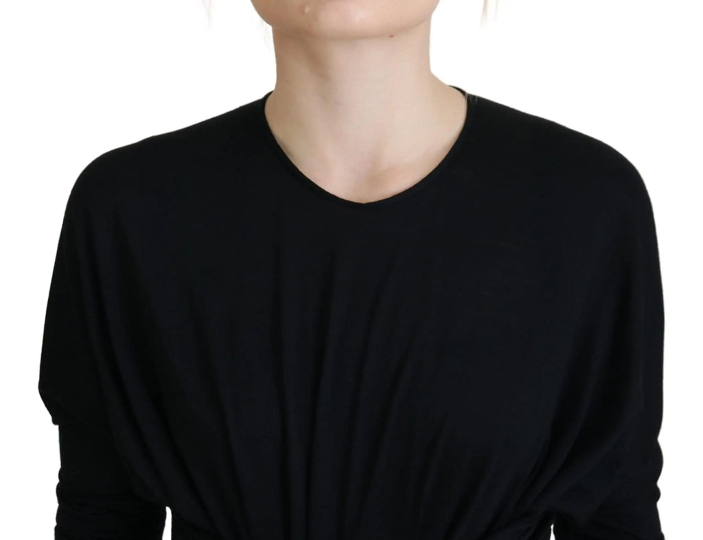 Dolce & gabbana robe noire en laine midi enveloppante avec tissu doux drapé et col rond simple manches longues