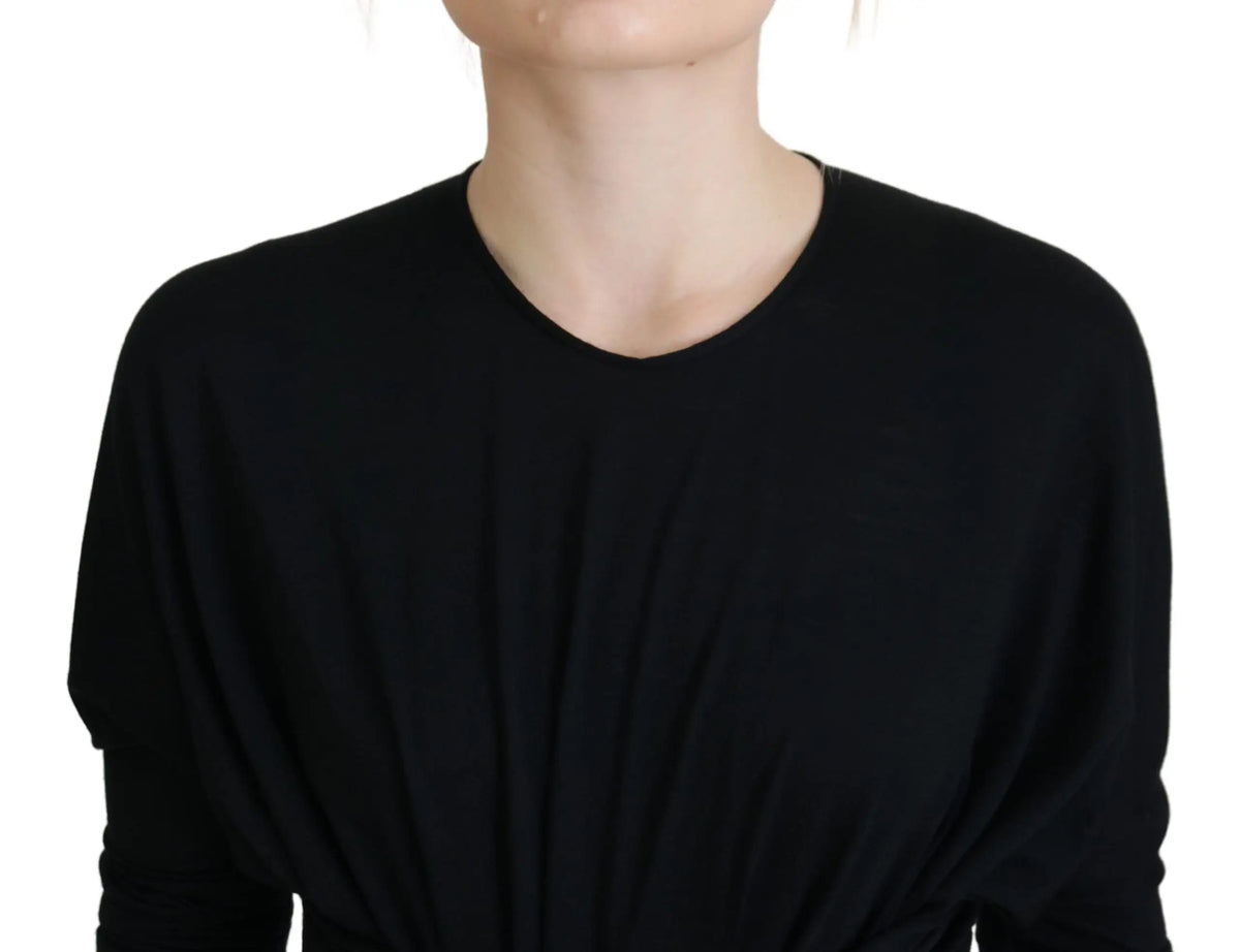 Dolce & gabbana robe noire en laine midi enveloppante avec tissu doux drapé et col rond simple manches longues