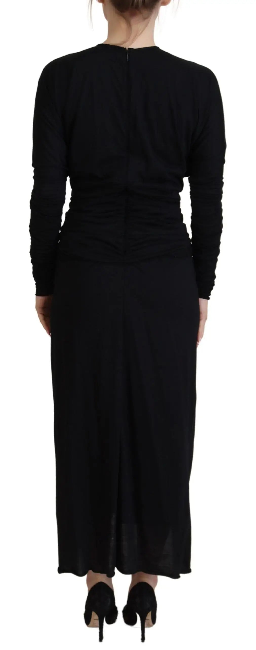 Robe midi noire dolce & gabbana en laine avec taille froncée et jupe fluide manches longues