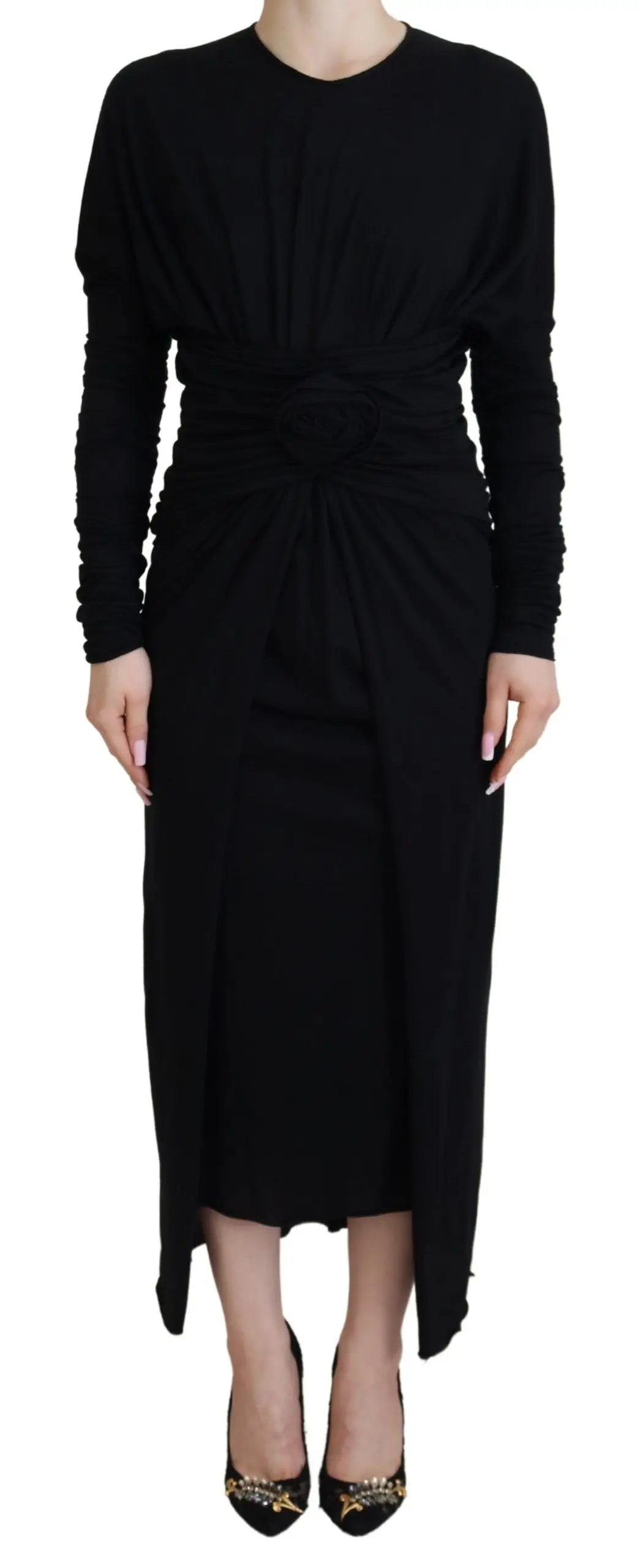 Robe midi noire dolce gabbana en laine avec bustier froncé et ourlet asymétrique