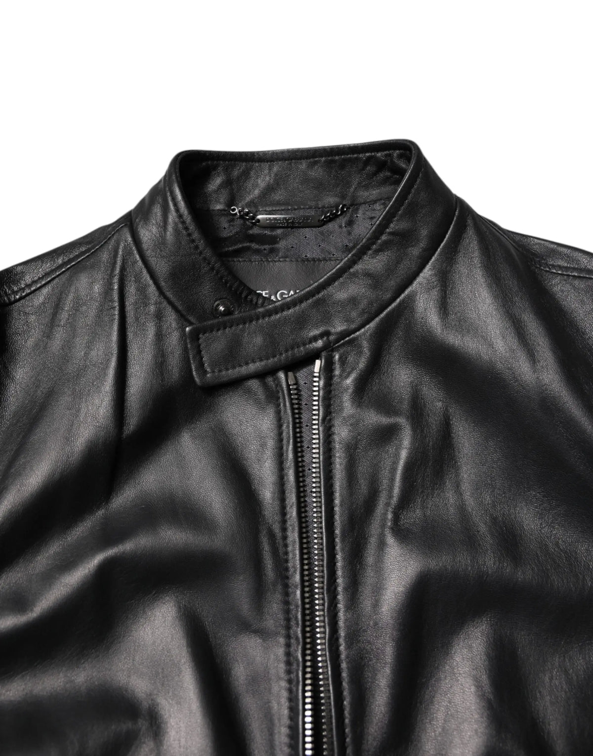 Veste pilote en cuir noir dolce & gabbana black sheep avec fermeture éclair intégrale et col classique brillant