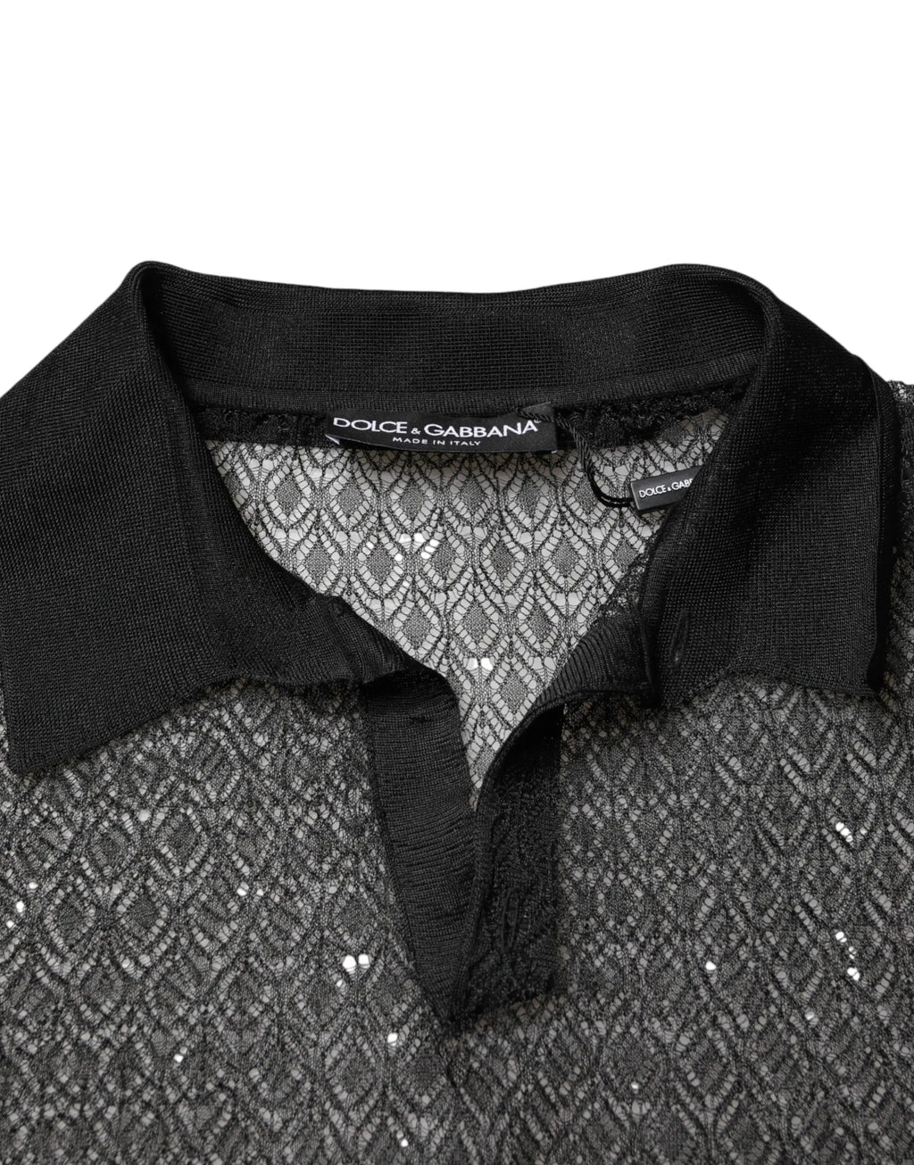 Polo noir dolce & gabbana en mesh transparent sequins manches courtes col noir classique
