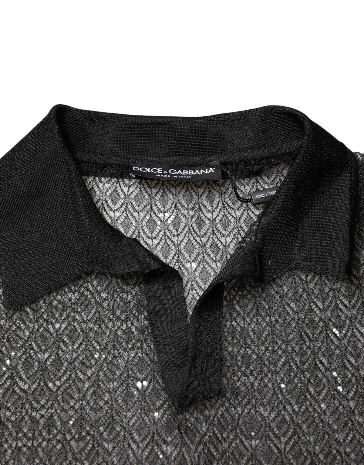 Polo noir dolce & gabbana en mesh transparent sequins manches courtes col noir classique