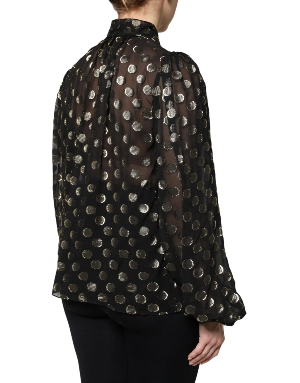 Dolce & gabbana blouse noire en voile avec pois argentés métalliques et manches ballon, col noué