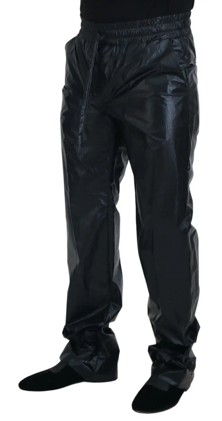 Pantalon de pluie en nylon noir brillant dolce & gabbana avec taille élastique et cordon de serrage