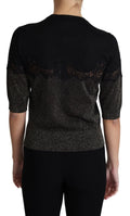 Cardigan en maille noire à manches trois quarts avec dentelle noire et texture métallique brillante dolce gabbana
