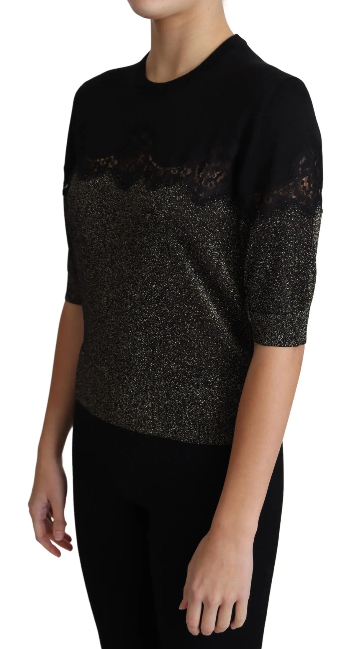 Pull noir dolce & gabbana en lurex brillant avec empiècement en dentelle délicate sur la poitrine