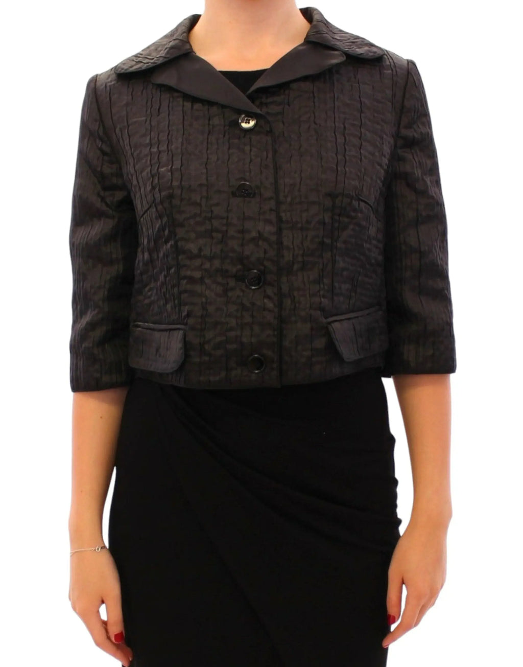 Dolce & Gabbana veste boléro courte noire texturée avec col structuré et manches trois-quarts