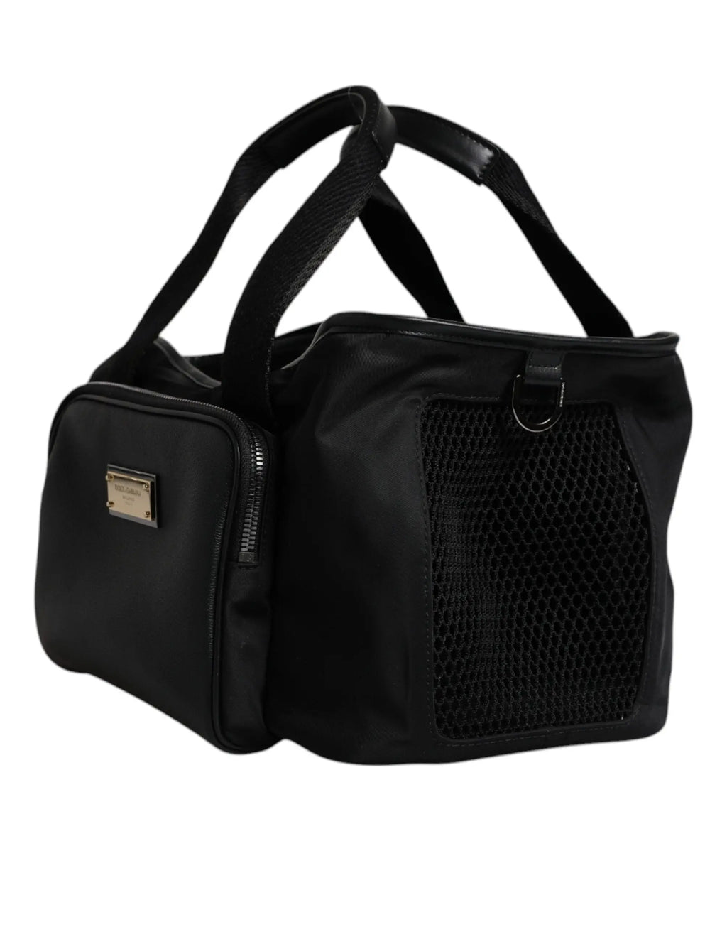 Dolce & gabbana sac porte-animal noir en nylon avec panneau latéral en mesh et poignées garnies de cuir