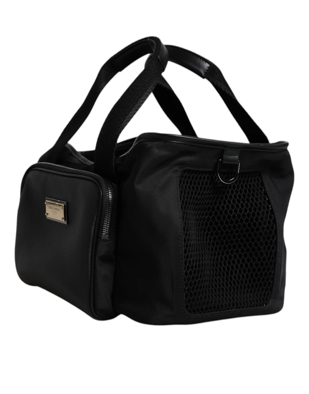 Dolce & gabbana sac porte-animal noir en nylon avec panneau latéral en mesh et poignées garnies de cuir