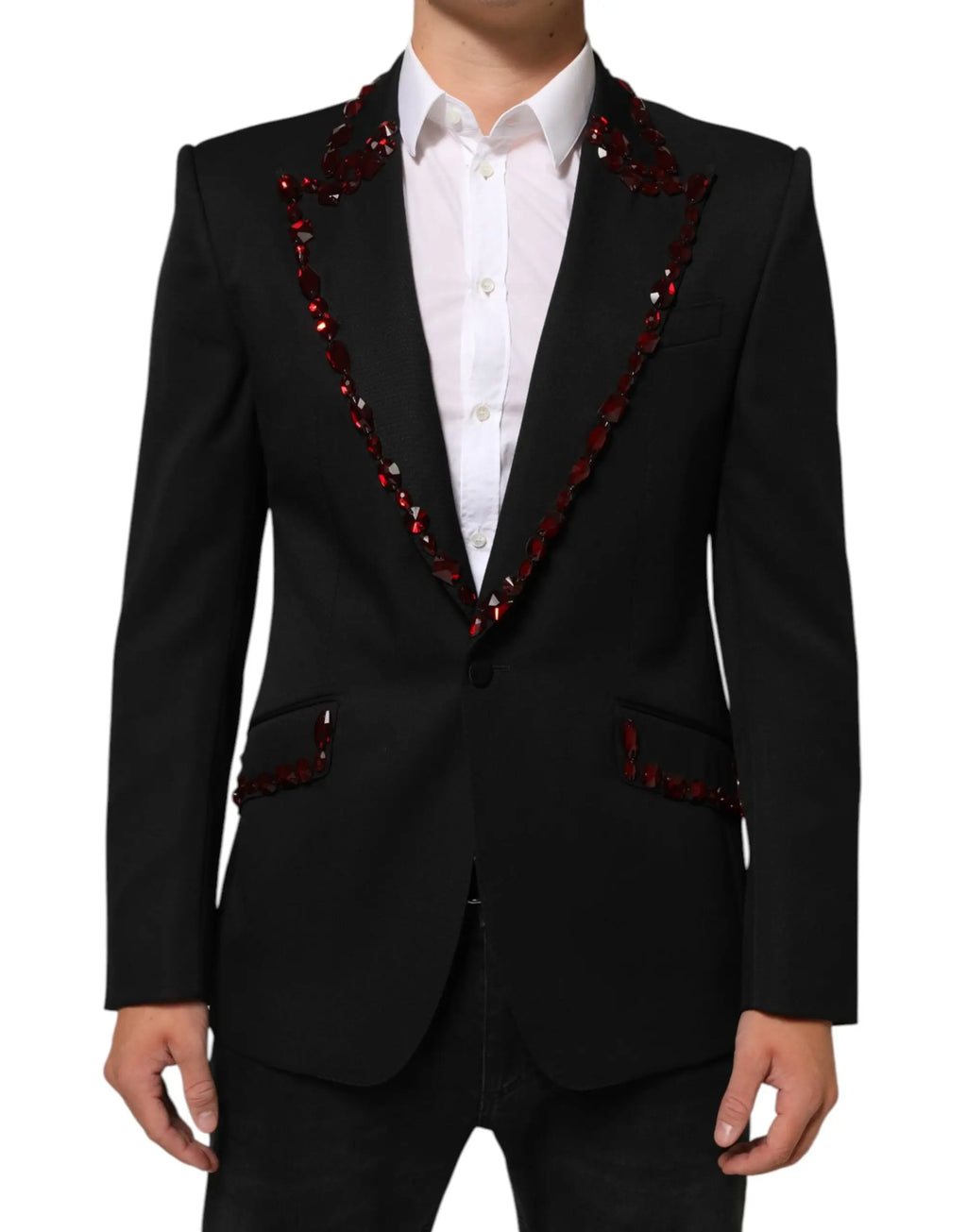 Veste de smoking noire dolce & gabbana avec bordure en sequins rouges et détails assortis aux poches