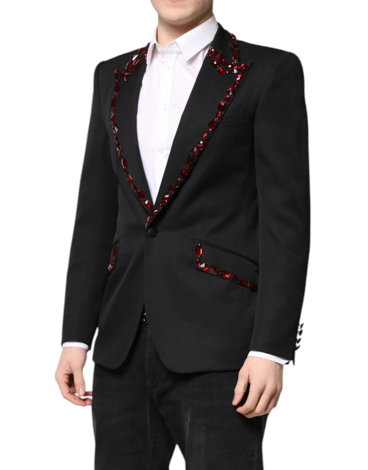 Dolce & gabbana veste noire sicilia en cristal avec bordure rouge perlée sur revers et poches