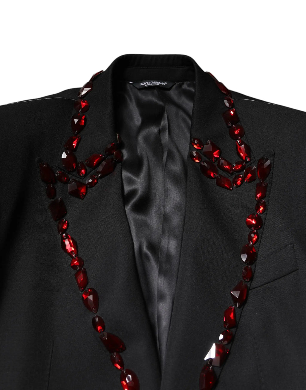 Dolce & gabbana noir sicilia blazer en tissu orné d’un bord en cristaux facettés rouges le long des revers