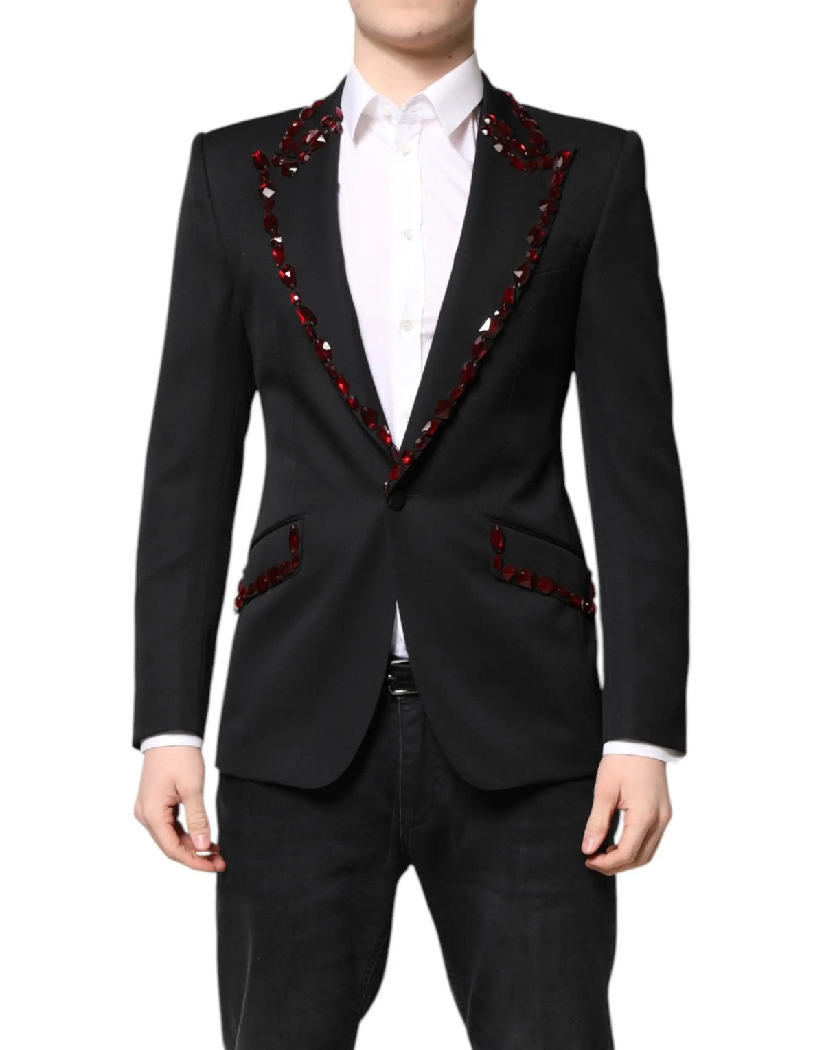 Dolce & gabbana blazer sicilia noir avec embellissements en cristal rouge le long des revers et poches