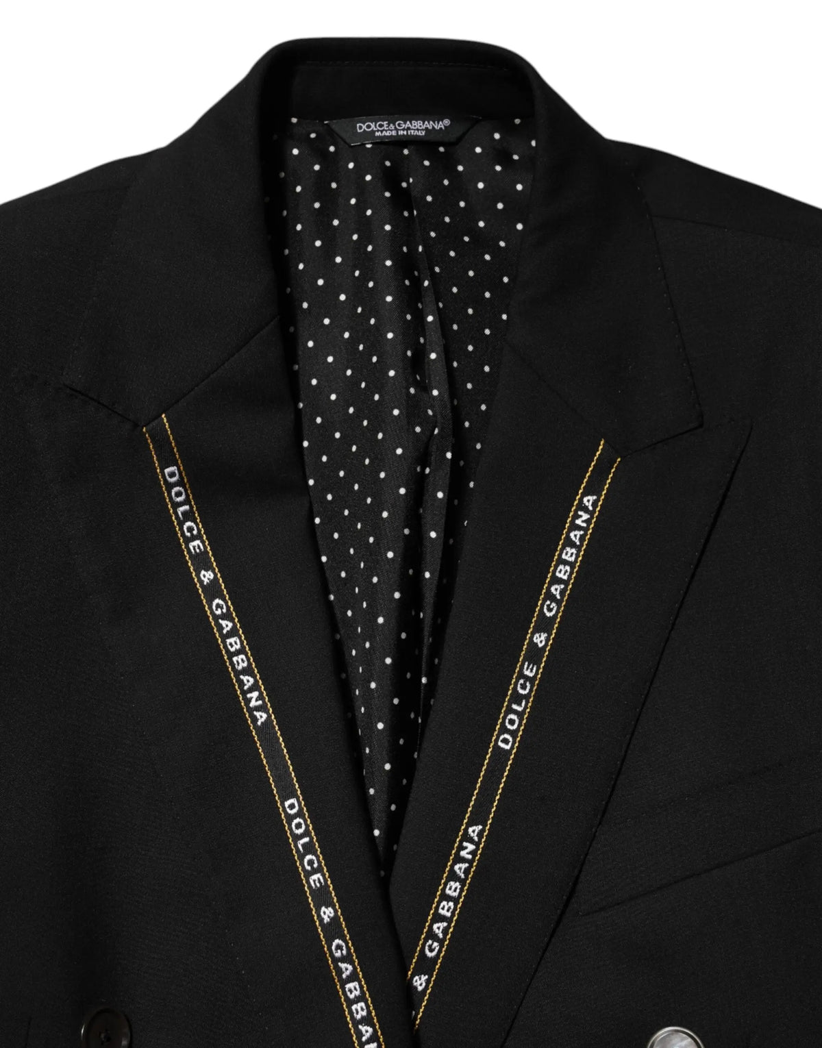 Veste blazer noire dolce & gabbana sicilia double boutonnage avec branding doré sur les revers et doublure à pois