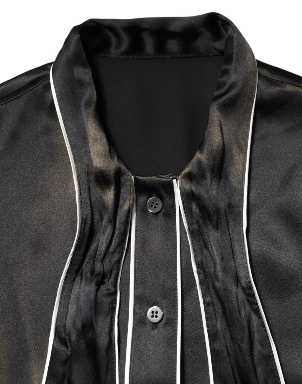 Blouse noire en satin dolce gabbana avec col ascot boutons gris foncé et liseré blanc sur le devant
