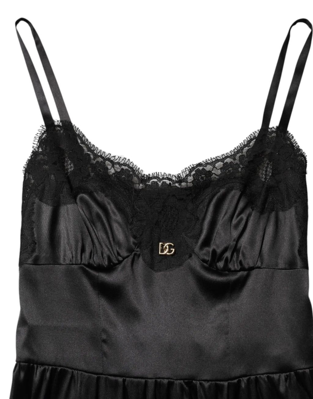 Dolce gabbana robe mini sans manches noire en mélange de soie avec cami en satin noir à dentelle et logo doré dg au centre