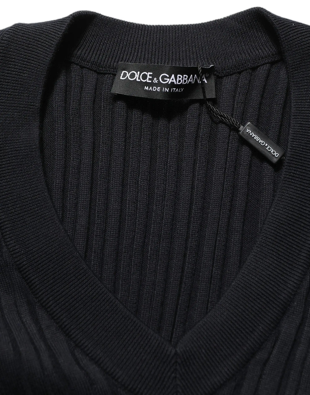 Pull noir à col en v en maille côtelée en soie pour homme dolce & gabbana fabriqué en italie