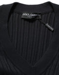 Pull noir à col en v en maille côtelée en soie pour homme dolce & gabbana fabriqué en italie