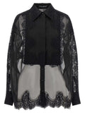 Blouse noire en soie Dolce & Gabbana avec dentelle, col structuré et boutons sur le devant transparente