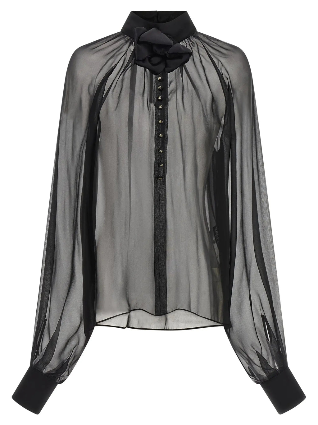 Blouse noire en soie dolce & gabbana avec col montant, grand nœud et manches longues aux poignets noirs solides