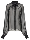 Blouse noire en soie dolce & gabbana avec col montant, grand nœud et manches longues aux poignets noirs solides