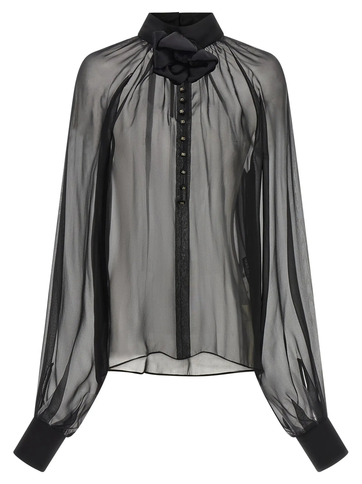 Blouse noire en soie dolce & gabbana avec col montant, grand nœud et manches longues aux poignets noirs solides