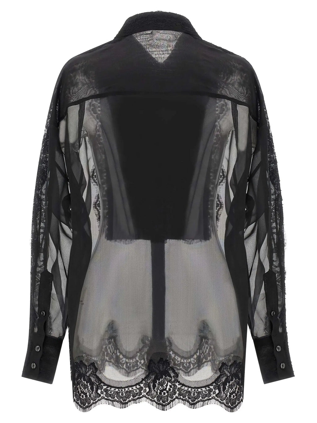 Blouse en soie noire dolce & gabbana avec dentelle noire transparente à motifs floraux et col noir uni