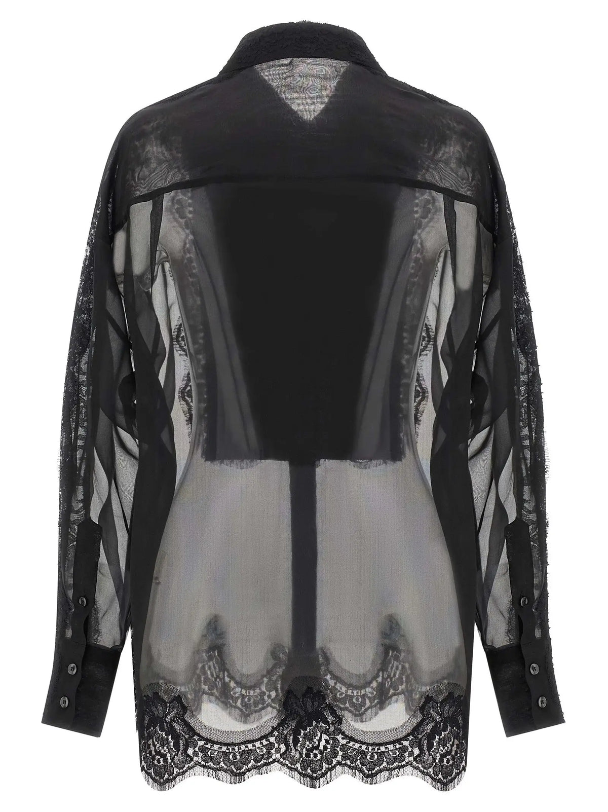 Blouse en soie noire dolce & gabbana avec dentelle noire transparente à motifs floraux et col noir uni