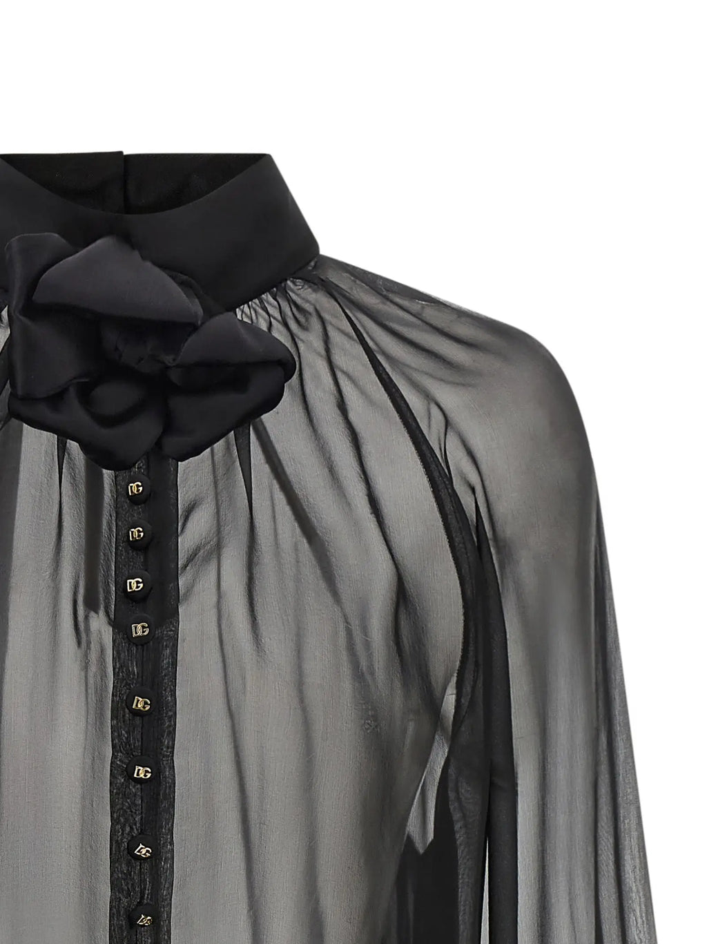 Blouse noire en soie dolce & gabbana avec col structuré et grand nœud froufrou au col et boutons verticaux logo
