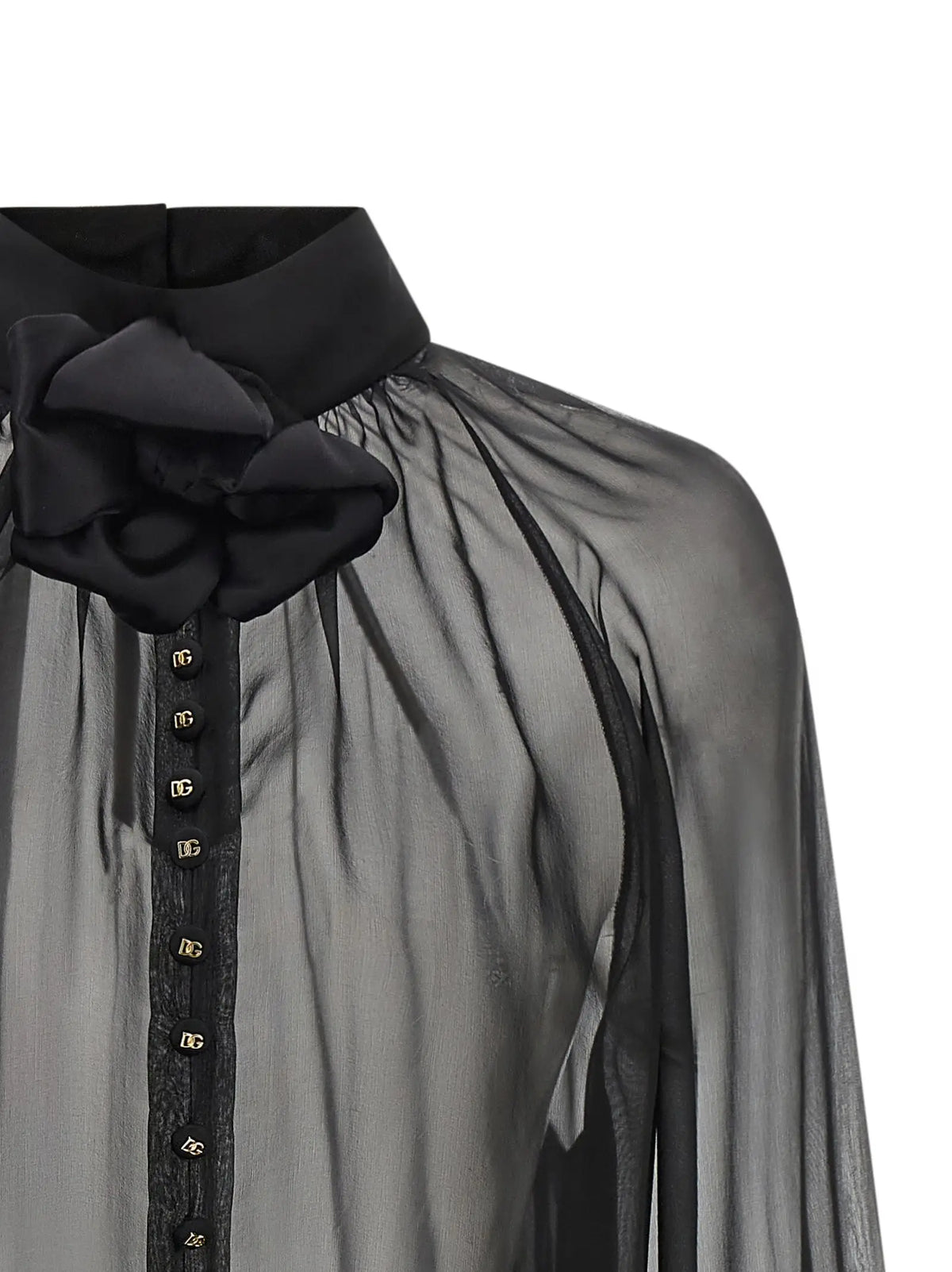 Blouse noire en soie dolce & gabbana avec col structuré et grand nœud froufrou au col et boutons verticaux logo