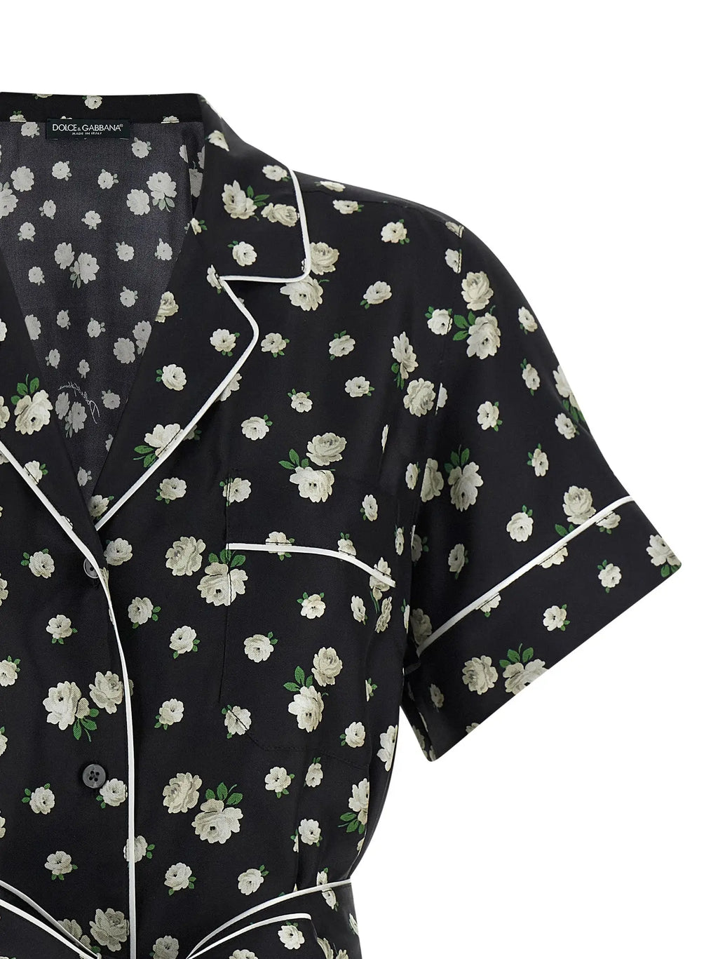 Dolce & gabbana blouse noire en soie avec imprimé floral blanc et piping contrasté blanc style pyjama