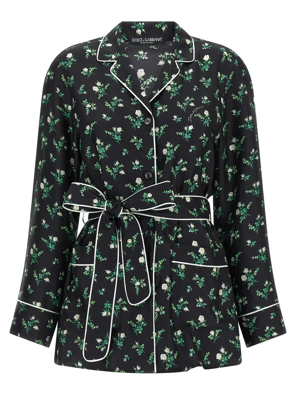 Dolce & Gabbana blouse noir en soie avec imprimé floral blanc et bordure assortie style pyjama