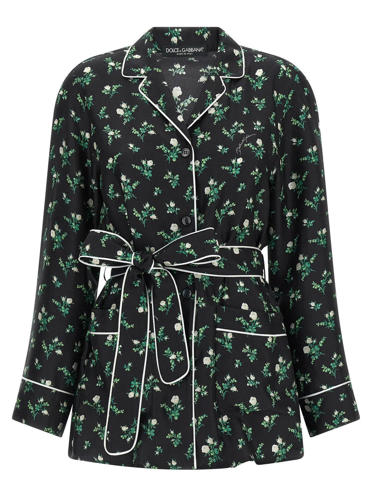 Dolce & Gabbana blouse noir en soie avec imprimé floral blanc et bordure assortie style pyjama