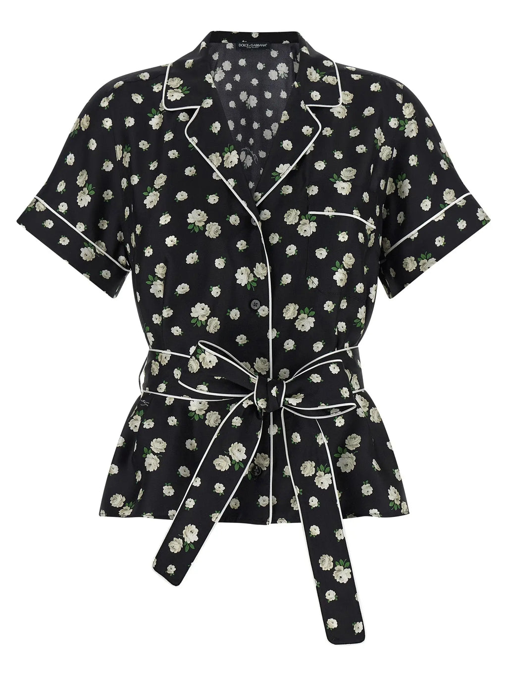 Dolce & Gabbana blouse en soie noire à manches courtes avec motif floral blanc et passepoil contrastant blanc