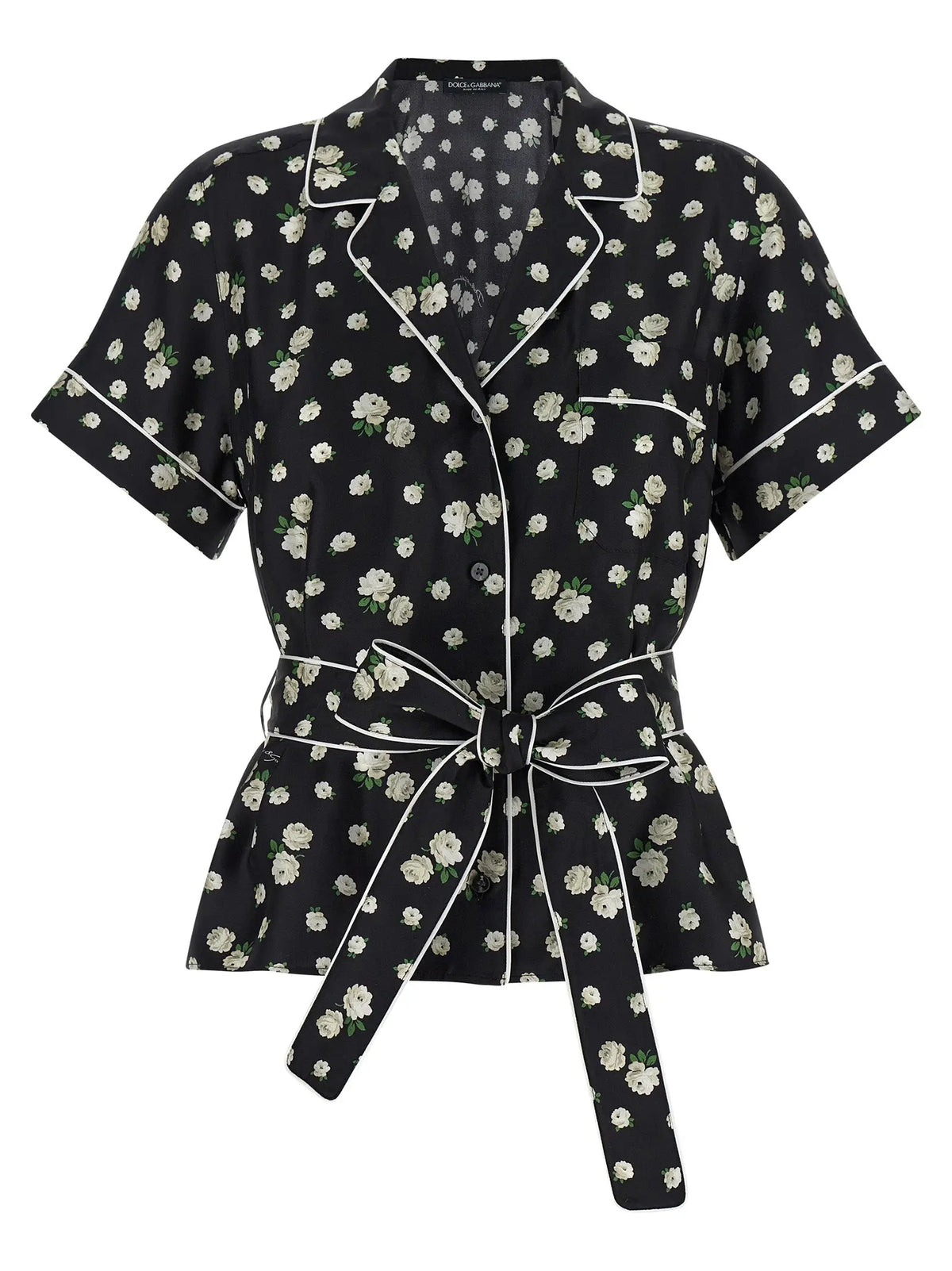 Dolce & Gabbana blouse en soie noire à manches courtes avec motif floral blanc et passepoil contrastant blanc