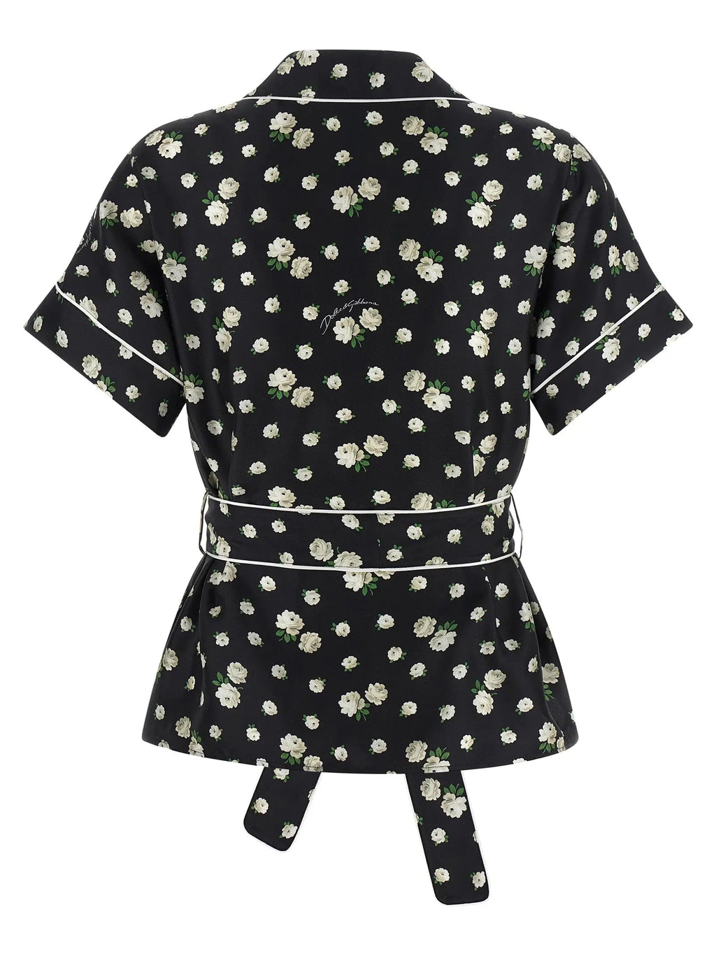 Robe noire courte manches avec motif floral blanc fin et passepoil blanc contrasté dolce gabbana soie